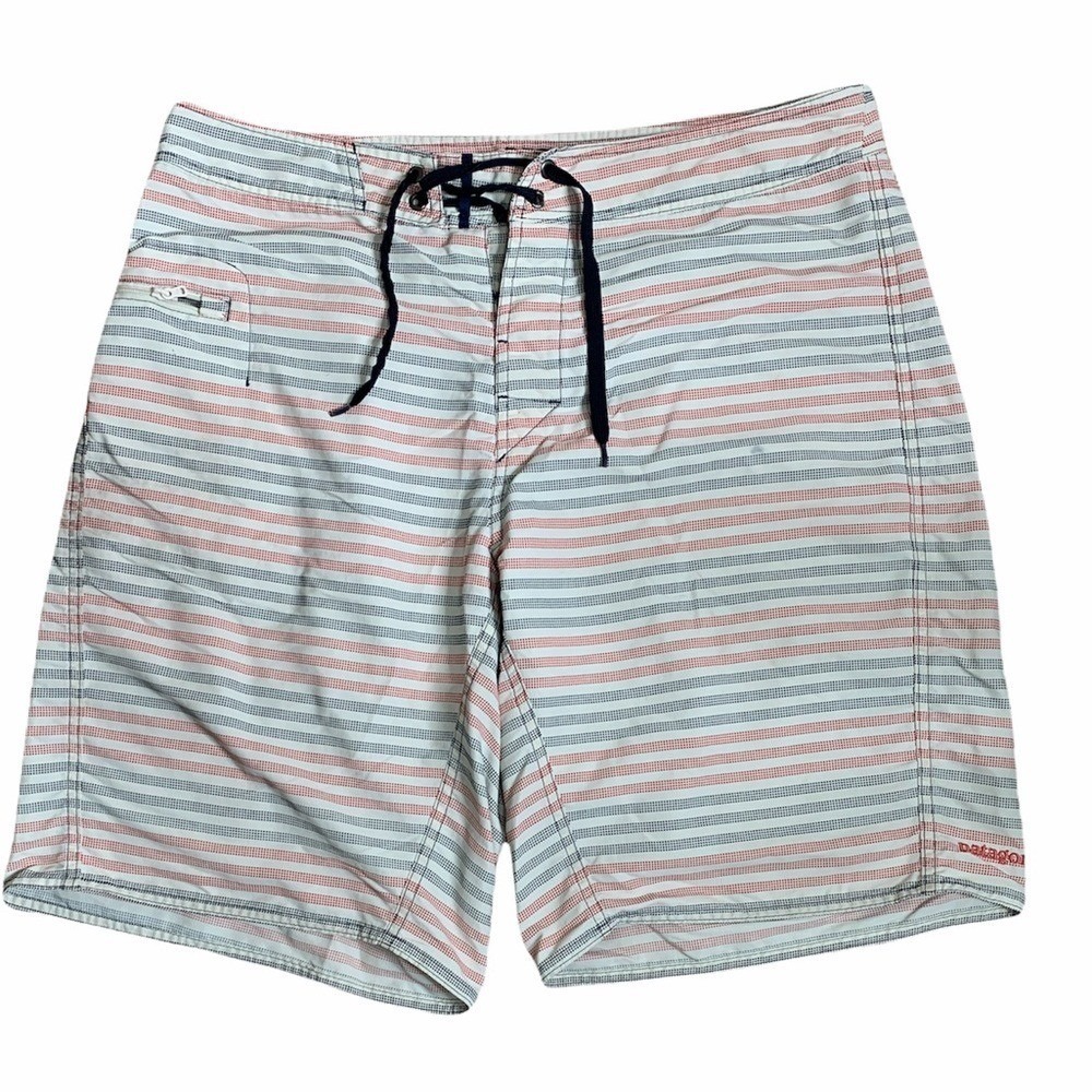 Patagonia Mens 33 Board Shorts Striped Nylon Swim Trunks Red White Blue 9 Inseam